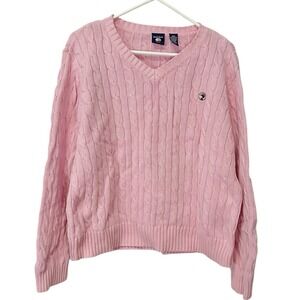 *Vintage Duck Head 2X Pink Cable Knit Cotton Sweater Crew‎ Neck Stained